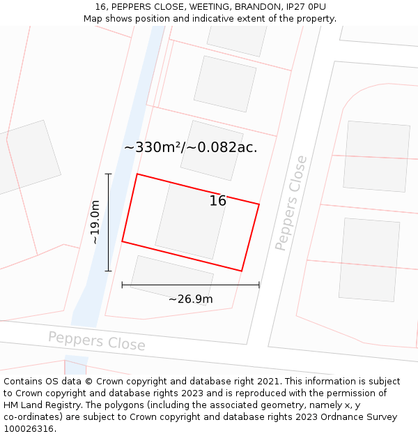 16, PEPPERS CLOSE, WEETING, BRANDON, IP27 0PU: Plot and title map