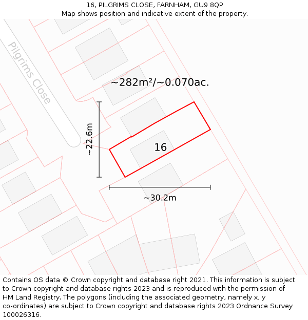 16, PILGRIMS CLOSE, FARNHAM, GU9 8QP: Plot and title map