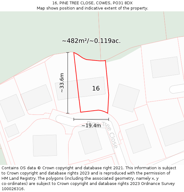 16, PINE TREE CLOSE, COWES, PO31 8DX: Plot and title map