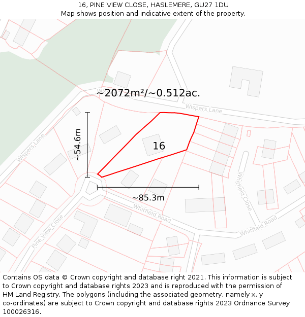 16, PINE VIEW CLOSE, HASLEMERE, GU27 1DU: Plot and title map