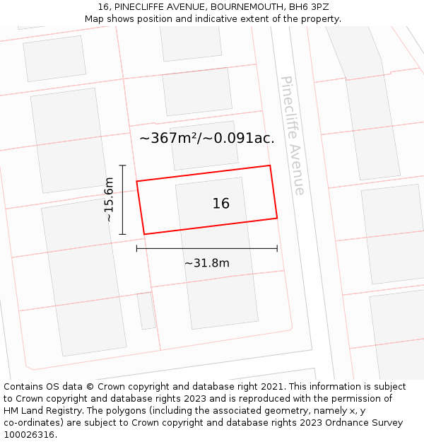 16, PINECLIFFE AVENUE, BOURNEMOUTH, BH6 3PZ: Plot and title map