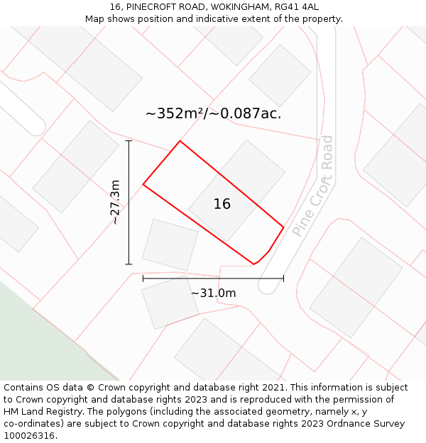 16, PINECROFT ROAD, WOKINGHAM, RG41 4AL: Plot and title map