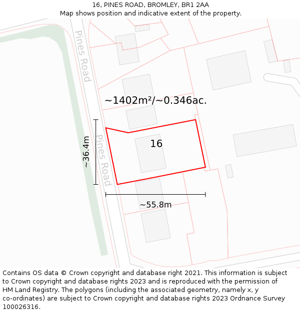 16, PINES ROAD, BROMLEY, BR1 2AA: Plot and title map