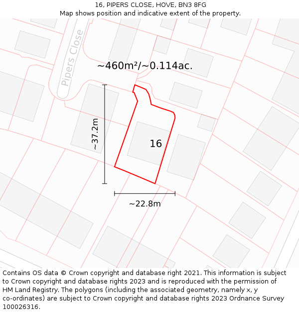 16, PIPERS CLOSE, HOVE, BN3 8FG: Plot and title map