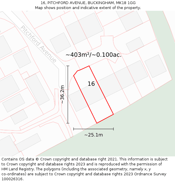 16, PITCHFORD AVENUE, BUCKINGHAM, MK18 1GG: Plot and title map