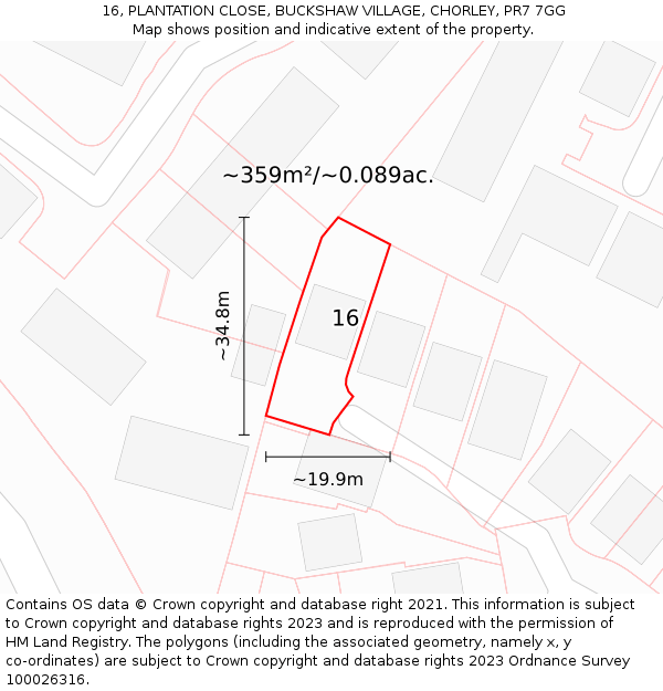 16, PLANTATION CLOSE, BUCKSHAW VILLAGE, CHORLEY, PR7 7GG: Plot and title map