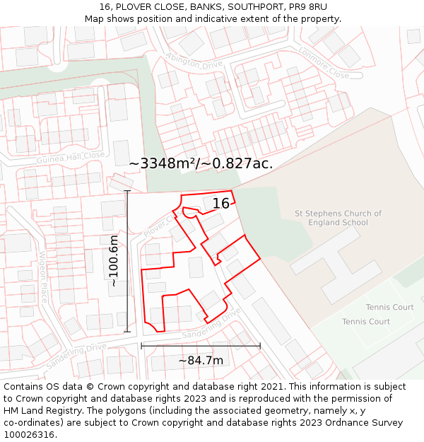 16, PLOVER CLOSE, BANKS, SOUTHPORT, PR9 8RU: Plot and title map