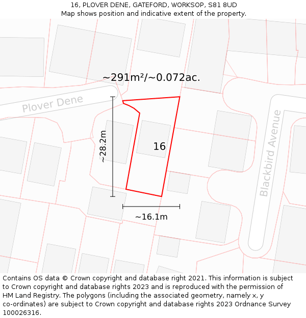 16, PLOVER DENE, GATEFORD, WORKSOP, S81 8UD: Plot and title map