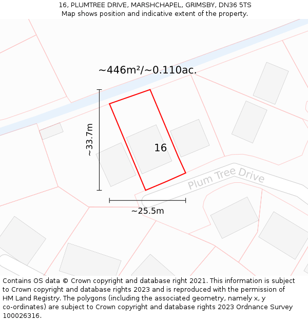 16, PLUMTREE DRIVE, MARSHCHAPEL, GRIMSBY, DN36 5TS: Plot and title map