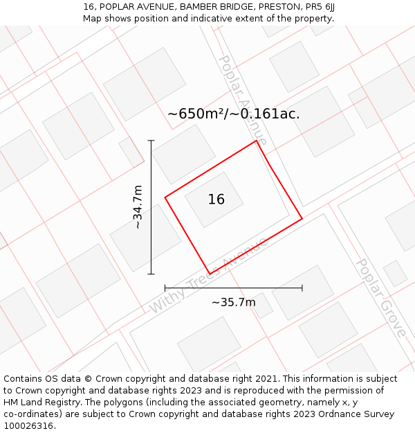 16, POPLAR AVENUE, BAMBER BRIDGE, PRESTON, PR5 6JJ: Plot and title map