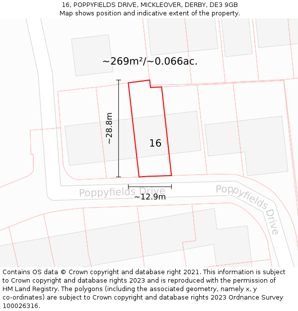 16, POPPYFIELDS DRIVE, MICKLEOVER, DERBY, DE3 9GB: Plot and title map