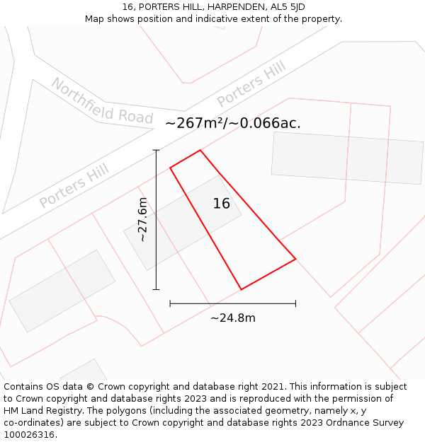 16, PORTERS HILL, HARPENDEN, AL5 5JD: Plot and title map