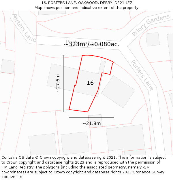 16, PORTERS LANE, OAKWOOD, DERBY, DE21 4FZ: Plot and title map