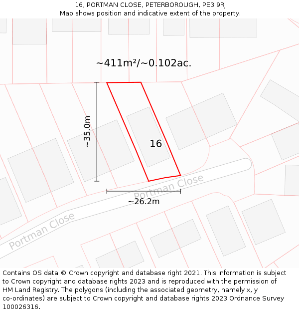 16, PORTMAN CLOSE, PETERBOROUGH, PE3 9RJ: Plot and title map
