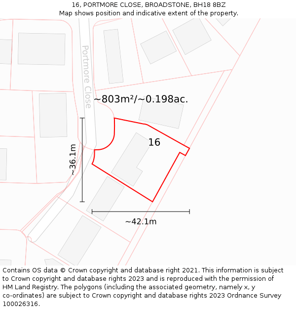 16, PORTMORE CLOSE, BROADSTONE, BH18 8BZ: Plot and title map