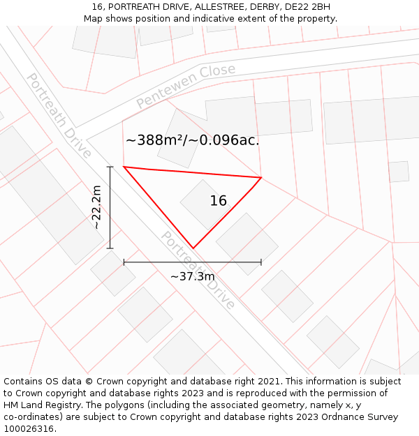 16, PORTREATH DRIVE, ALLESTREE, DERBY, DE22 2BH: Plot and title map