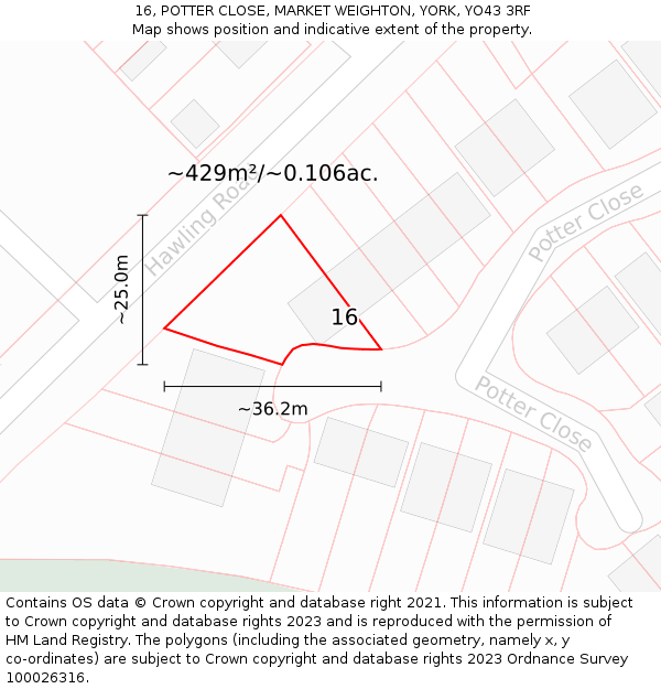 16, POTTER CLOSE, MARKET WEIGHTON, YORK, YO43 3RF: Plot and title map