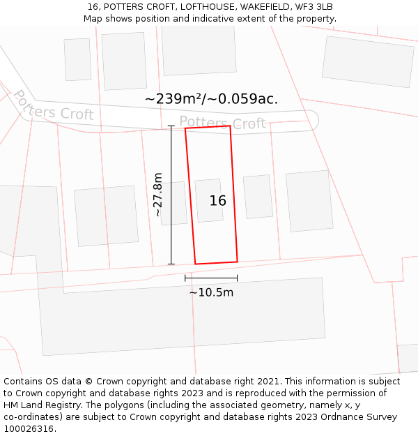 16, POTTERS CROFT, LOFTHOUSE, WAKEFIELD, WF3 3LB: Plot and title map
