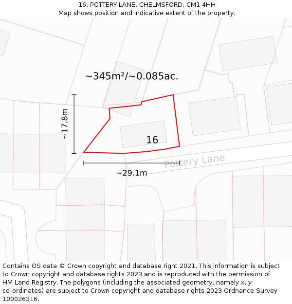 16, POTTERY LANE, CHELMSFORD, CM1 4HH: Plot and title map