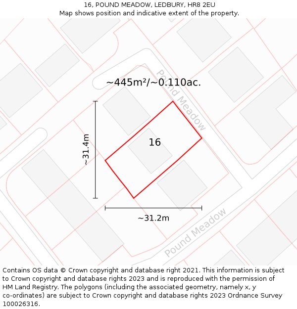 16, POUND MEADOW, LEDBURY, HR8 2EU: Plot and title map