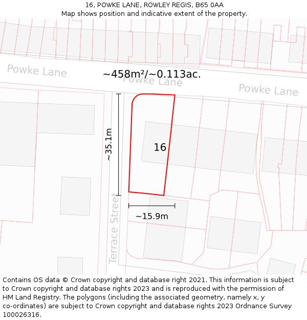 16, POWKE LANE, ROWLEY REGIS, B65 0AA: Plot and title map