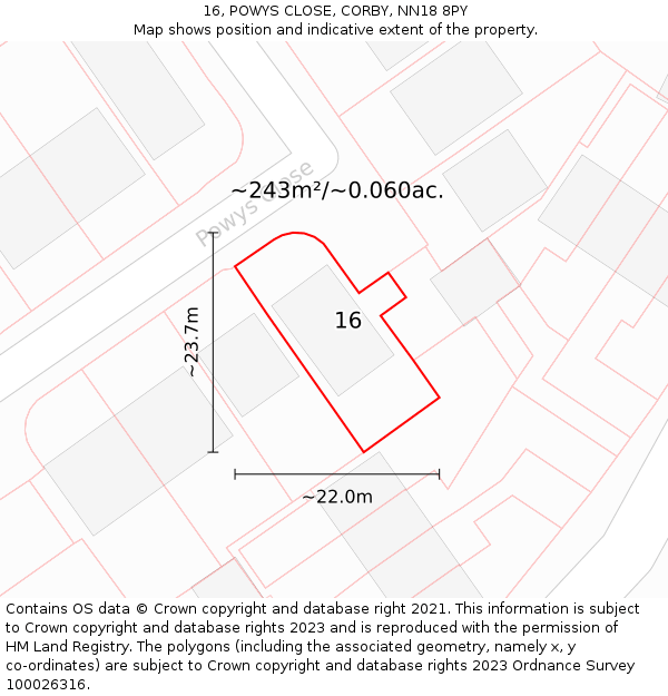 16, POWYS CLOSE, CORBY, NN18 8PY: Plot and title map