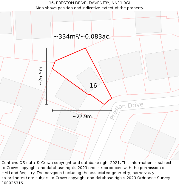 16, PRESTON DRIVE, DAVENTRY, NN11 0GL: Plot and title map