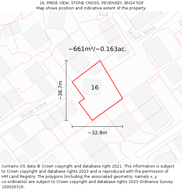 16, PRIDE VIEW, STONE CROSS, PEVENSEY, BN24 5GF: Plot and title map