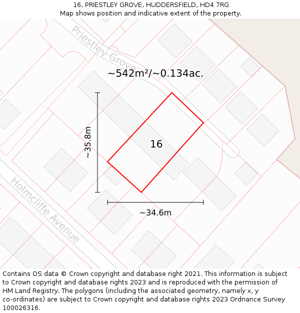 16, PRIESTLEY GROVE, HUDDERSFIELD, HD4 7RG: Plot and title map