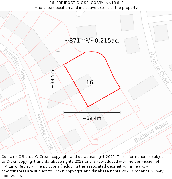 16, PRIMROSE CLOSE, CORBY, NN18 8LE: Plot and title map