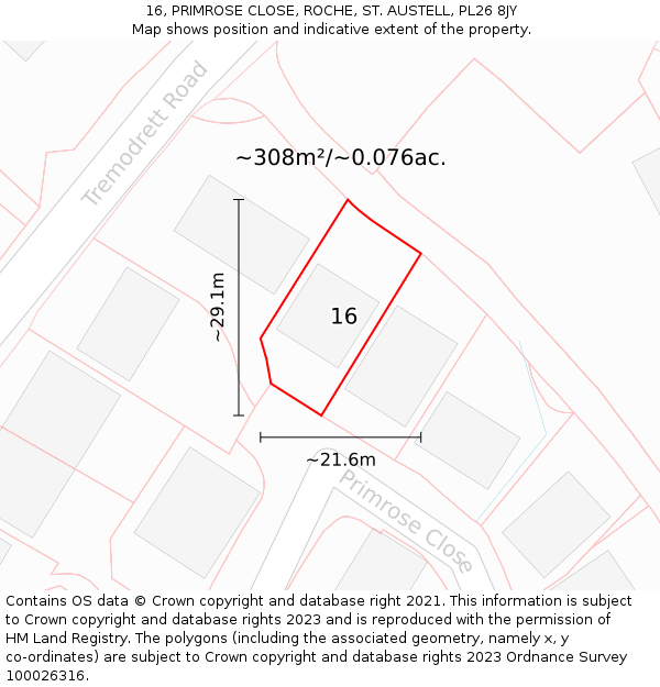 16, PRIMROSE CLOSE, ROCHE, ST. AUSTELL, PL26 8JY: Plot and title map