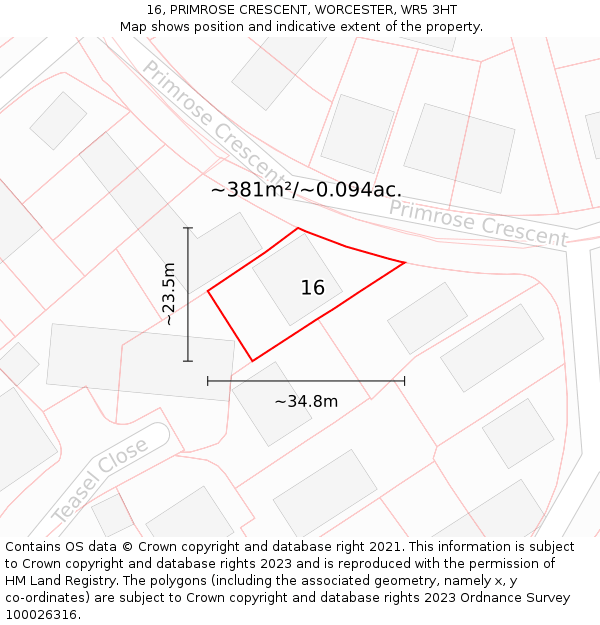 16, PRIMROSE CRESCENT, WORCESTER, WR5 3HT: Plot and title map