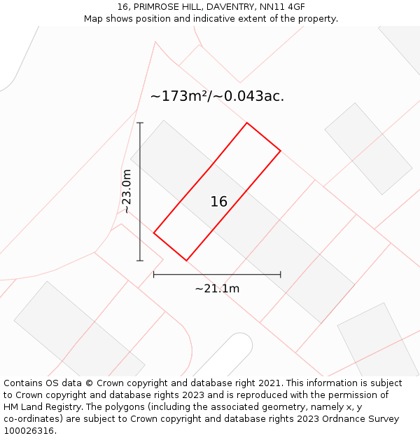 16, PRIMROSE HILL, DAVENTRY, NN11 4GF: Plot and title map