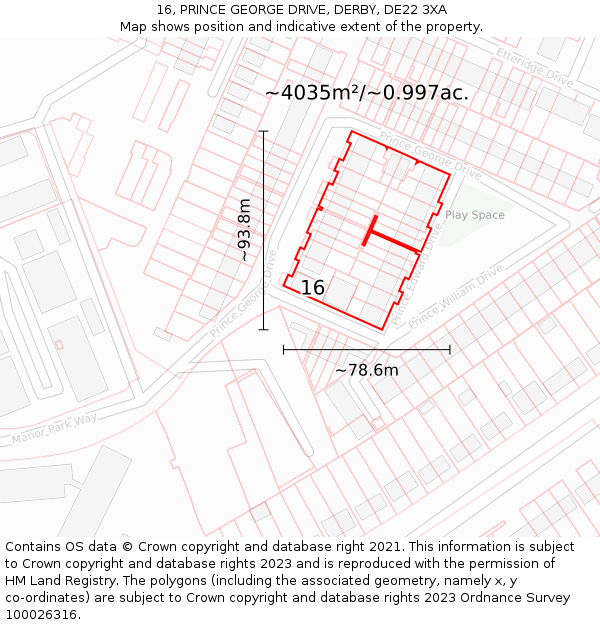 16, PRINCE GEORGE DRIVE, DERBY, DE22 3XA: Plot and title map