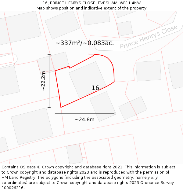 16, PRINCE HENRYS CLOSE, EVESHAM, WR11 4NW: Plot and title map