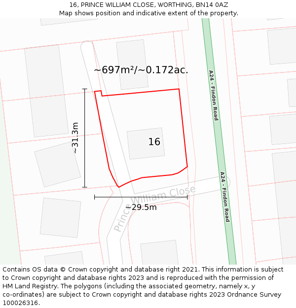 16, PRINCE WILLIAM CLOSE, WORTHING, BN14 0AZ: Plot and title map