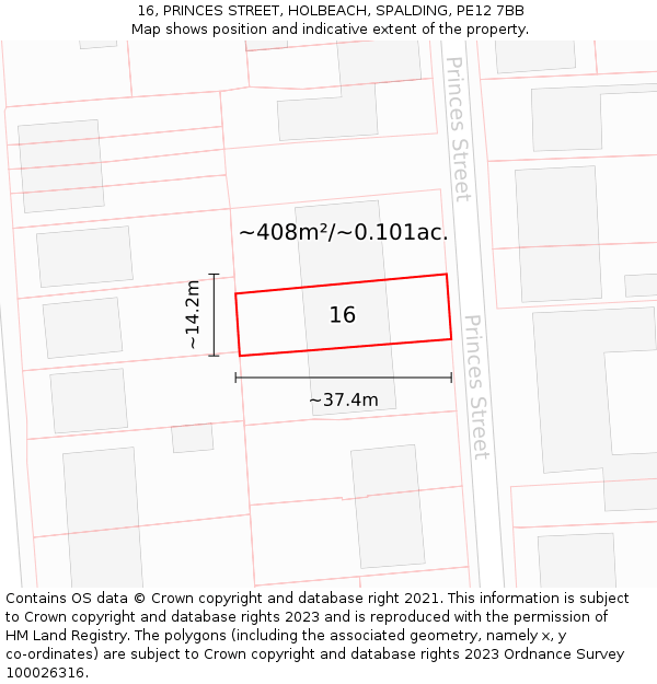 16, PRINCES STREET, HOLBEACH, SPALDING, PE12 7BB: Plot and title map