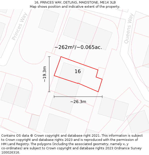 16, PRINCES WAY, DETLING, MAIDSTONE, ME14 3LB: Plot and title map