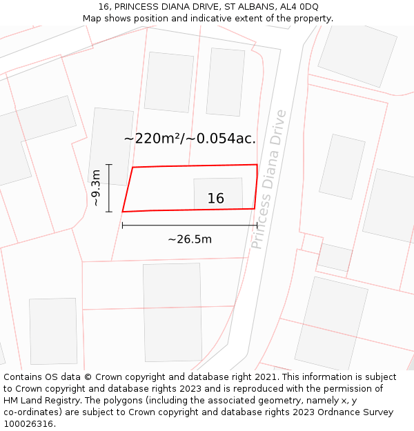 16, PRINCESS DIANA DRIVE, ST ALBANS, AL4 0DQ: Plot and title map