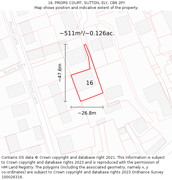 16, PRIORS COURT, SUTTON, ELY, CB6 2PY: Plot and title map