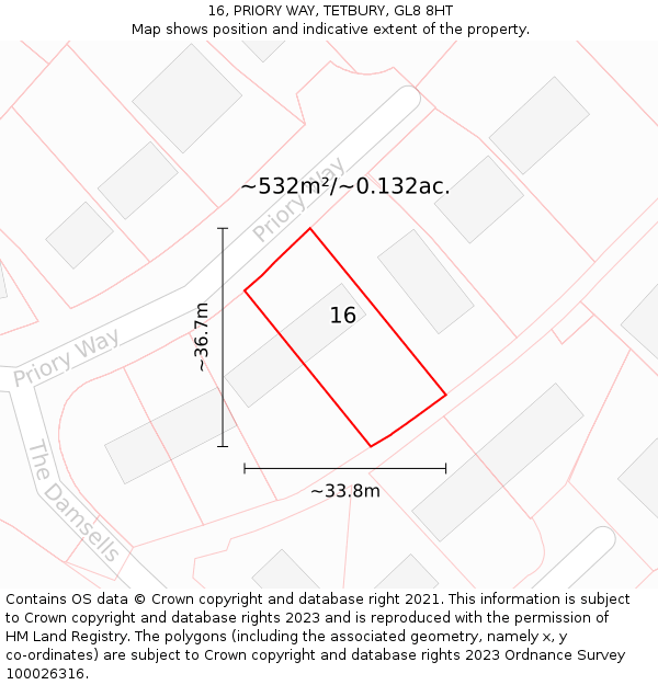 16, PRIORY WAY, TETBURY, GL8 8HT: Plot and title map