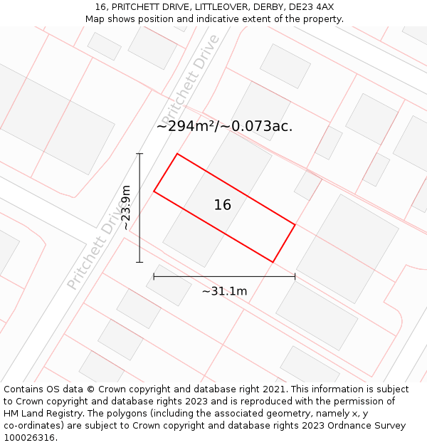 16, PRITCHETT DRIVE, LITTLEOVER, DERBY, DE23 4AX: Plot and title map