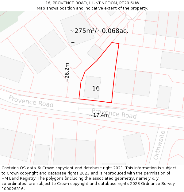 16, PROVENCE ROAD, HUNTINGDON, PE29 6UW: Plot and title map