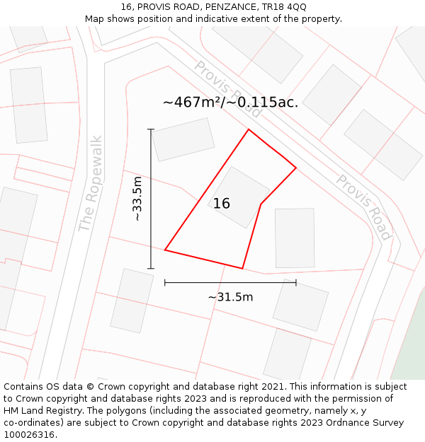 16, PROVIS ROAD, PENZANCE, TR18 4QQ: Plot and title map