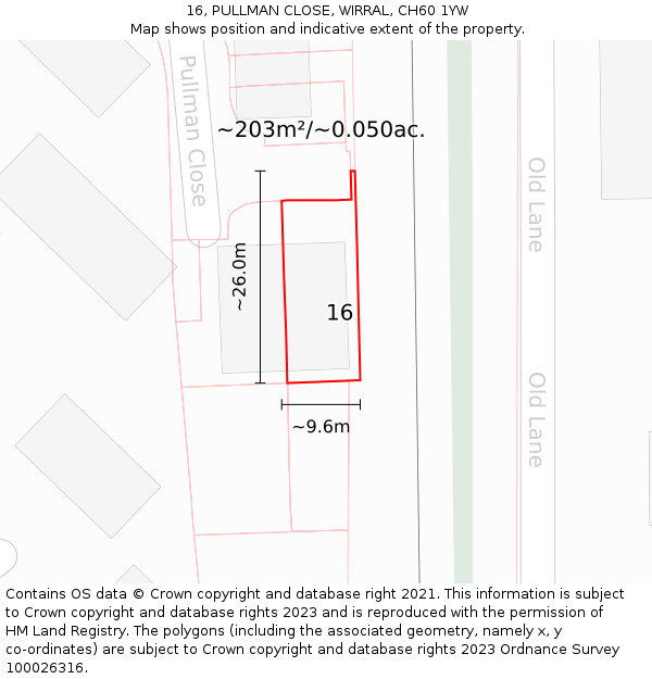 16, PULLMAN CLOSE, WIRRAL, CH60 1YW: Plot and title map