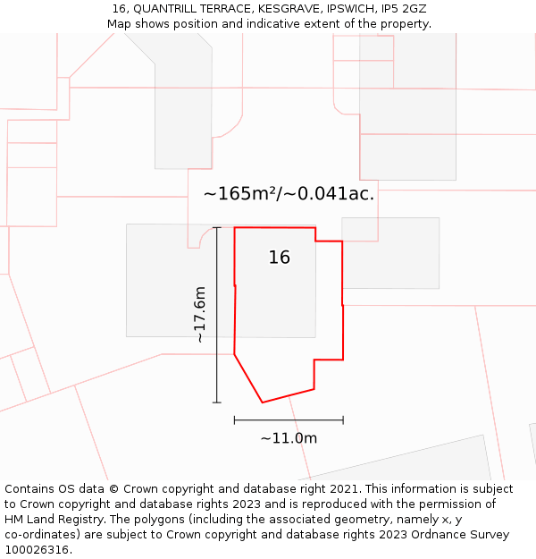 16, QUANTRILL TERRACE, KESGRAVE, IPSWICH, IP5 2GZ: Plot and title map