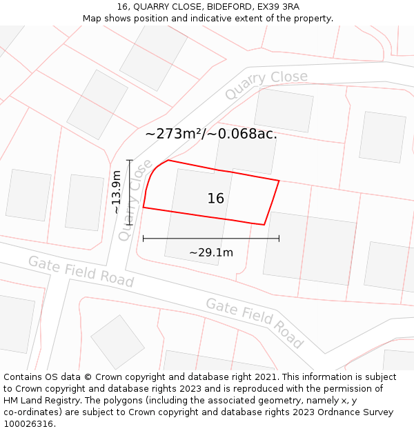 16, QUARRY CLOSE, BIDEFORD, EX39 3RA: Plot and title map