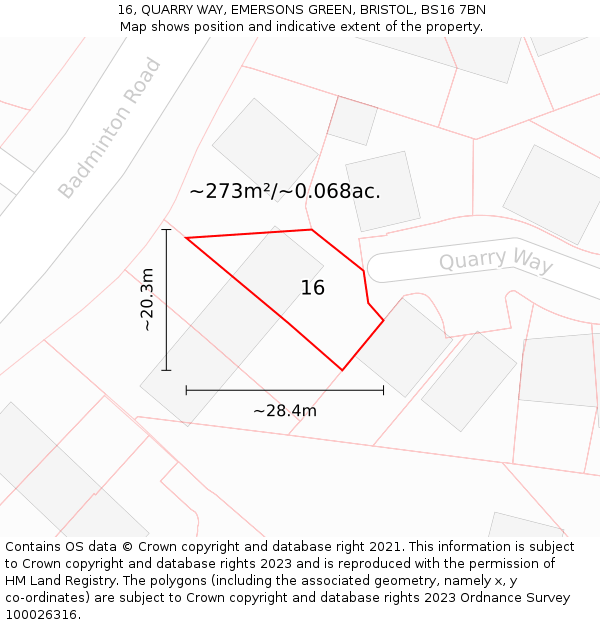 16, QUARRY WAY, EMERSONS GREEN, BRISTOL, BS16 7BN: Plot and title map