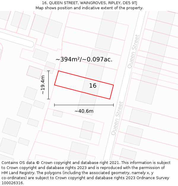 16, QUEEN STREET, WAINGROVES, RIPLEY, DE5 9TJ: Plot and title map