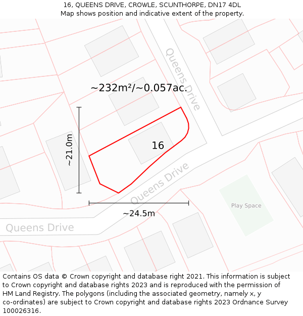 16, QUEENS DRIVE, CROWLE, SCUNTHORPE, DN17 4DL: Plot and title map